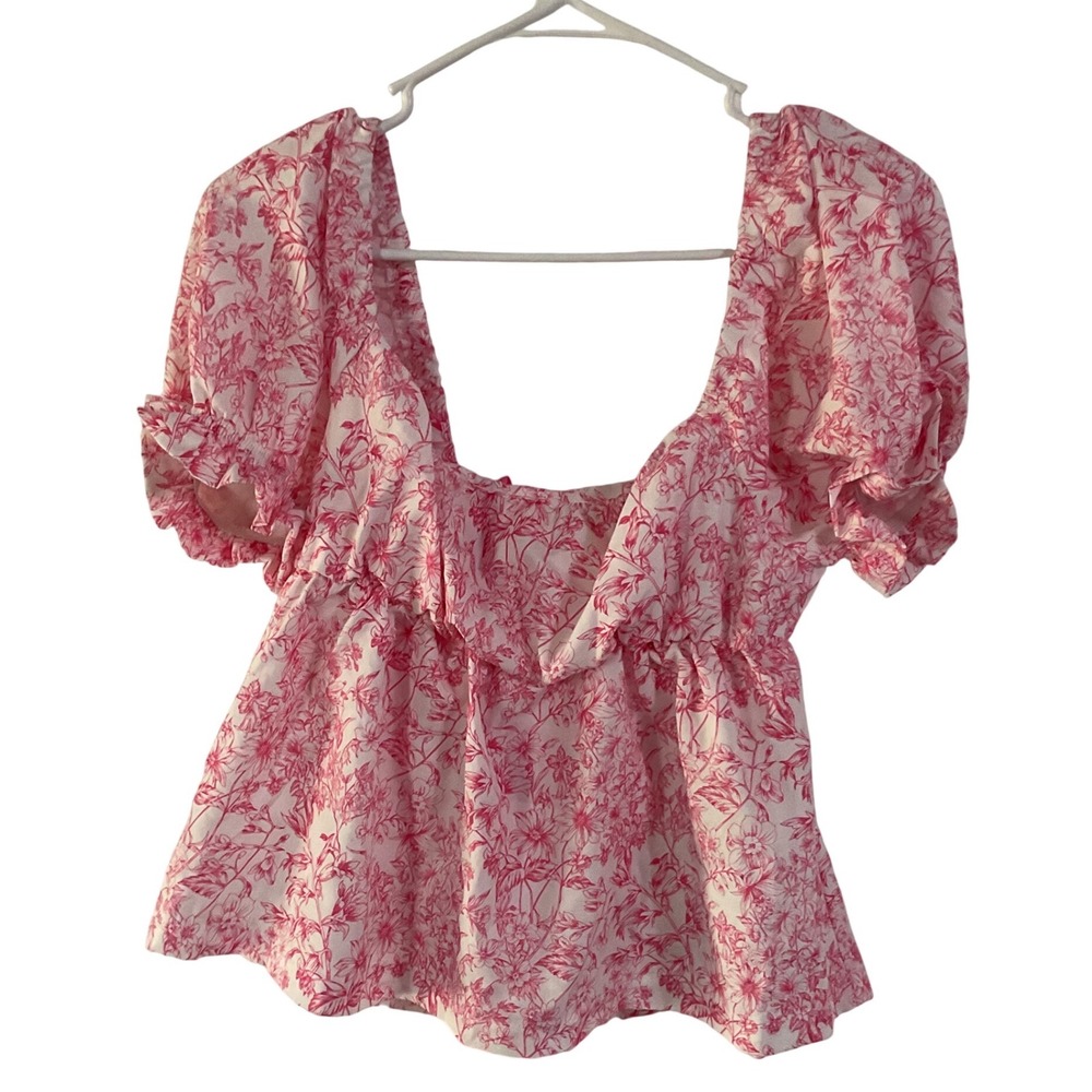 SHEIN Pink Floral Toile Puff Sleeve Back Tie Peplum Top Medium